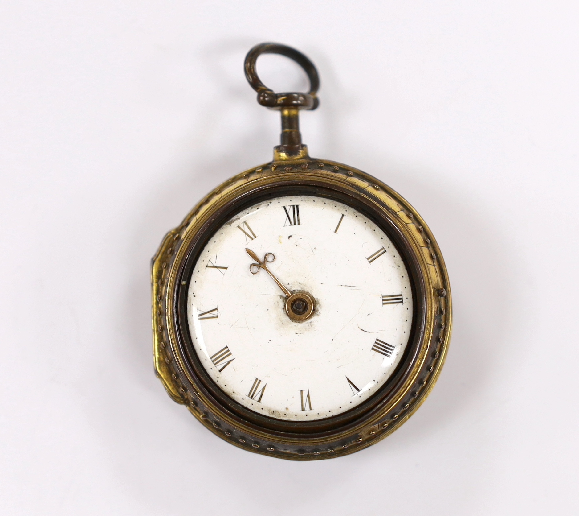 A mid 18th century gilt metal pair cased verge pocket watch, by Henry Hurt, London, (a.f.), outer case diameter 46mm.